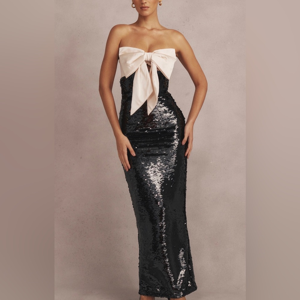 HOUSE OF CB - BLACK SEQUIN STRAPLESS BOW DRESS - Picture 2 of 15